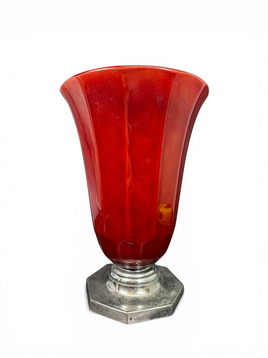 Vaso Art Déco em cerâmica esmaltada com base metálica